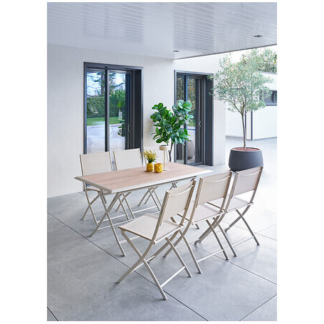 Table pliante Azua 6 places verre effet bois épeautre argile